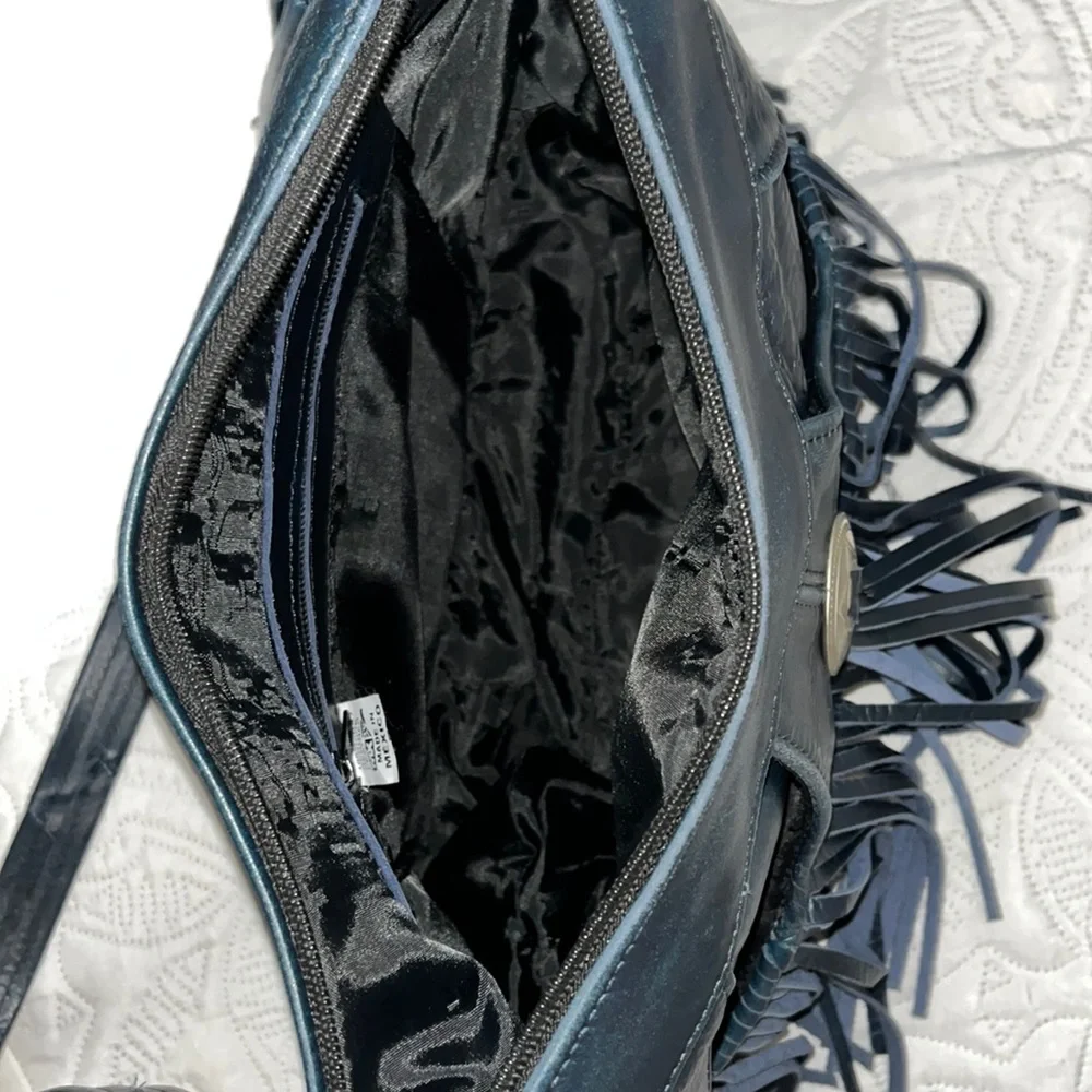 Genuine Leather Fringe Crossbody Bag, Shoulder Bag, Blue - Picture 4 of 7